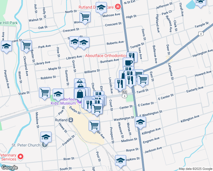 map of restaurants, bars, coffee shops, grocery stores, and more near 40 Grant Avenue in Rutland