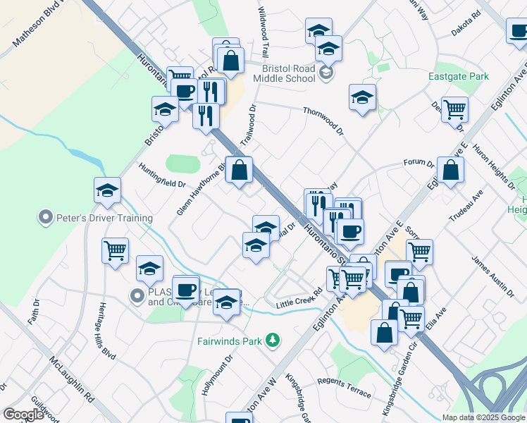 map of restaurants, bars, coffee shops, grocery stores, and more near in Mississauga