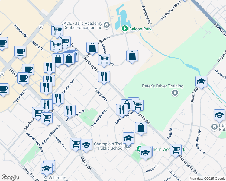 map of restaurants, bars, coffee shops, grocery stores, and more near 510 Tipton Court in Mississauga