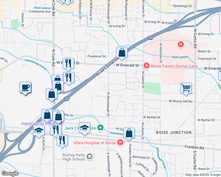 map of restaurants, bars, coffee shops, grocery stores, and more near 550 North Allumbaugh Street in Boise