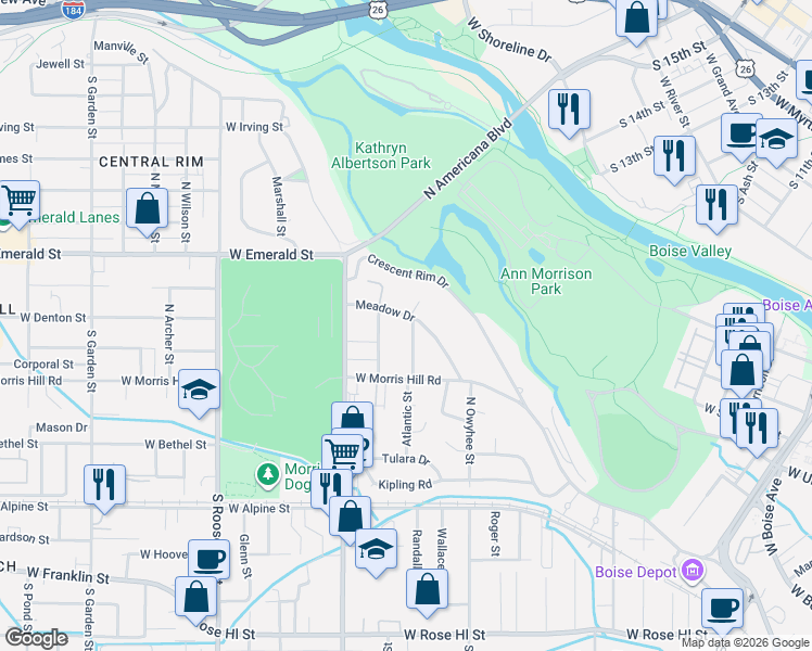 map of restaurants, bars, coffee shops, grocery stores, and more near 515 North Atlantic Street in Boise