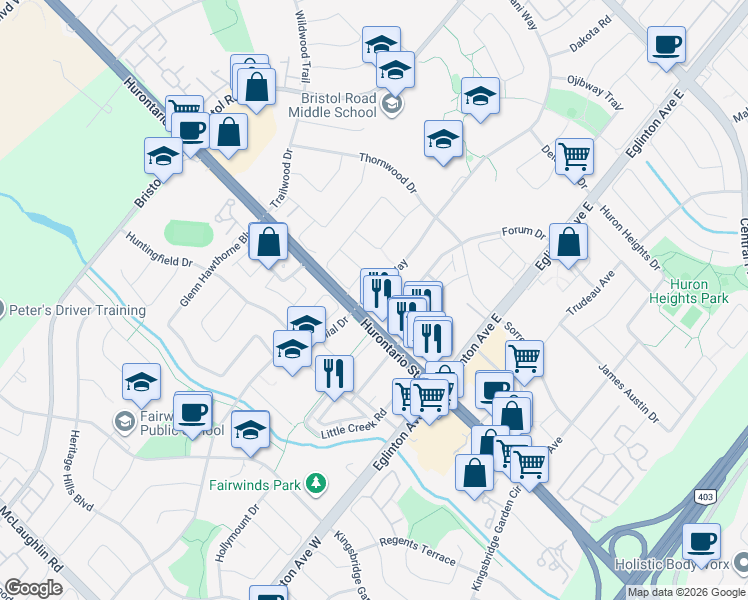 map of restaurants, bars, coffee shops, grocery stores, and more near 8 Nahani Way in Mississauga