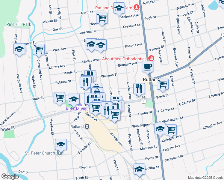 map of restaurants, bars, coffee shops, grocery stores, and more near 18 Church Street in Rutland