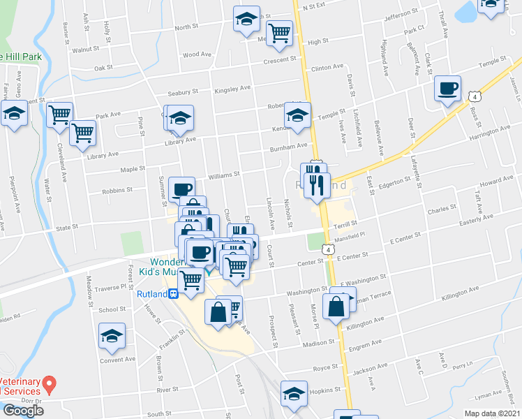 map of restaurants, bars, coffee shops, grocery stores, and more near 40 Grant Avenue in Rutland