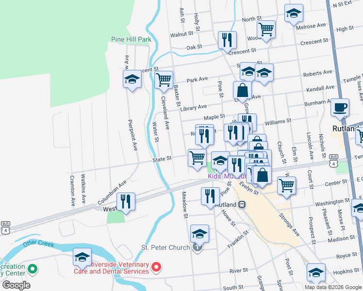 map of restaurants, bars, coffee shops, grocery stores, and more near 35 Baxter Street in Rutland