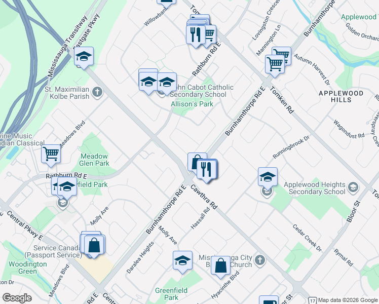 map of restaurants, bars, coffee shops, grocery stores, and more near 735 Greycedar Crescent in Mississauga