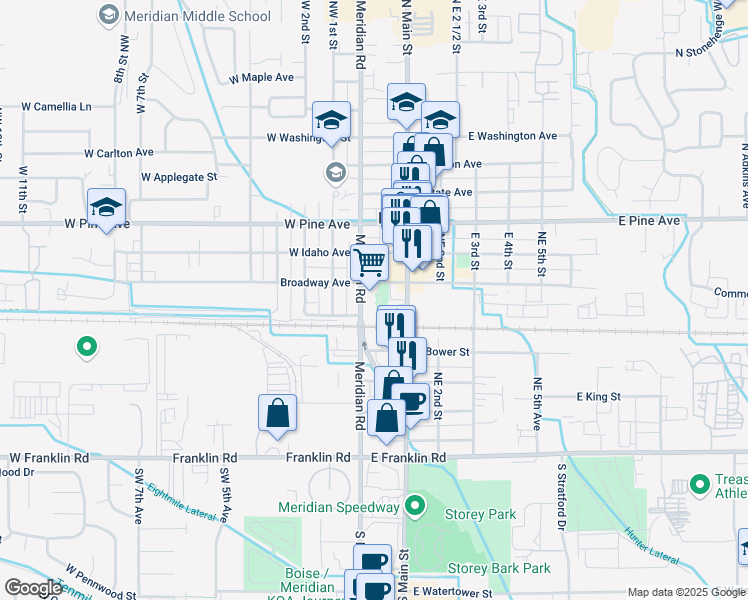 map of restaurants, bars, coffee shops, grocery stores, and more near 33 East Broadway Avenue in Meridian