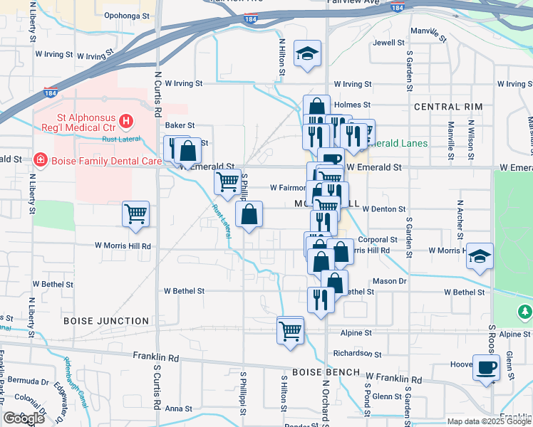 map of restaurants, bars, coffee shops, grocery stores, and more near 5225 West Denton Street in Boise