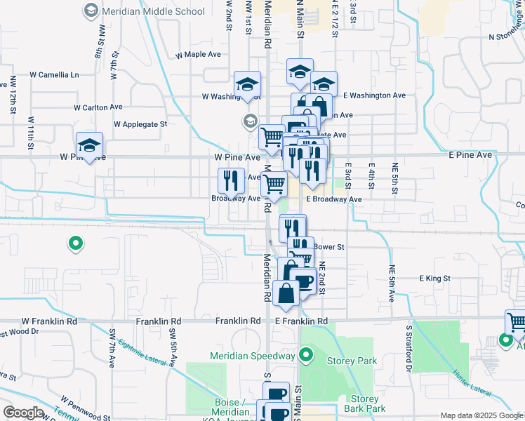 map of restaurants, bars, coffee shops, grocery stores, and more near 621 North Meridian Road in Meridian