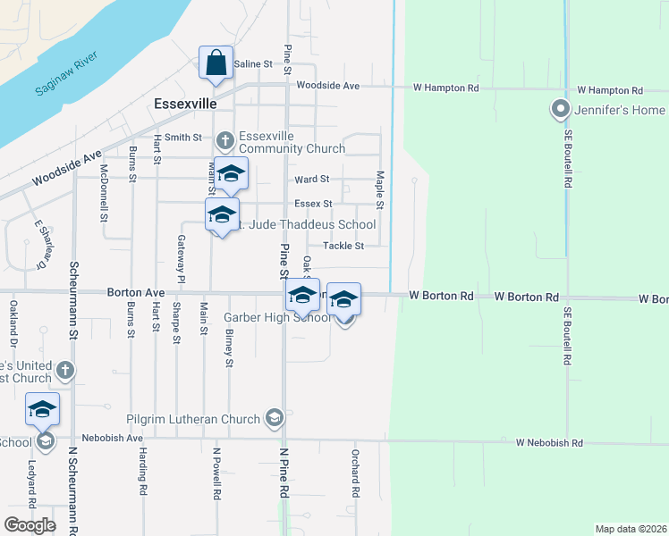 map of restaurants, bars, coffee shops, grocery stores, and more near 2104 Garside Drive in Essexville