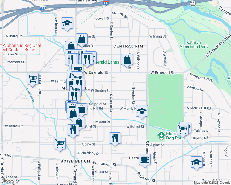 map of restaurants, bars, coffee shops, grocery stores, and more near 4431 West Denton Street in Boise