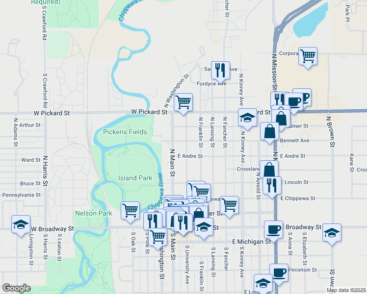 map of restaurants, bars, coffee shops, grocery stores, and more near 615 North University Avenue in Mount Pleasant