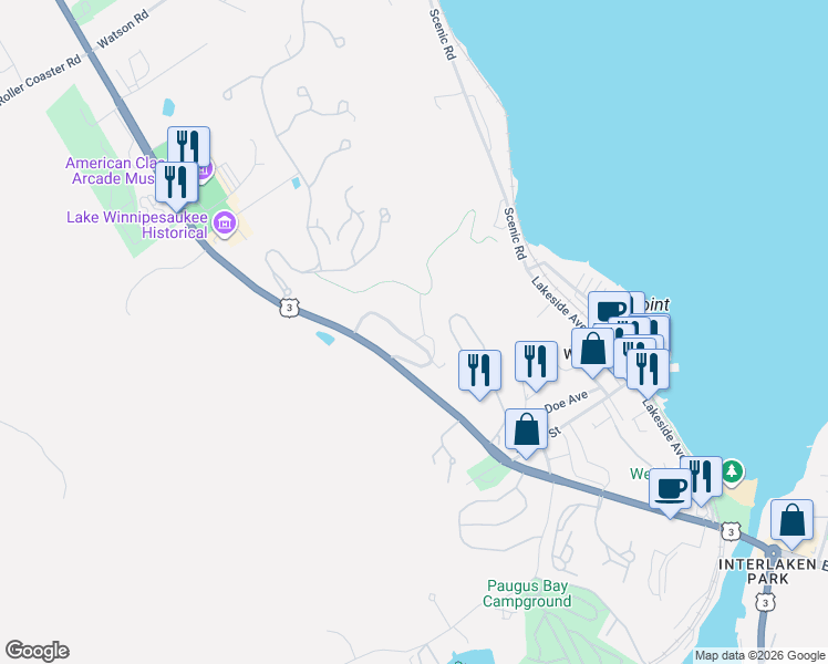 map of restaurants, bars, coffee shops, grocery stores, and more near 375 Endicott Street North in Laconia