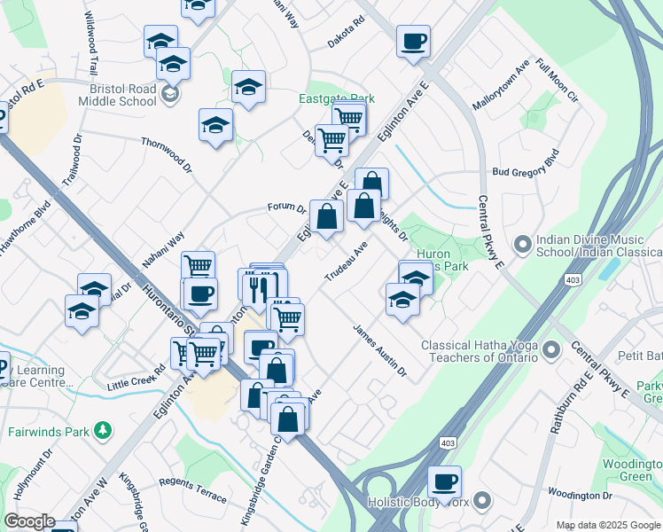 map of restaurants, bars, coffee shops, grocery stores, and more near 161 Trudeau Avenue in Mississauga