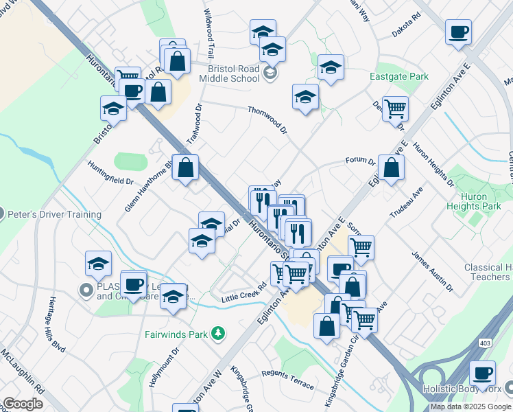 map of restaurants, bars, coffee shops, grocery stores, and more near 8 Nahani Way in Mississauga