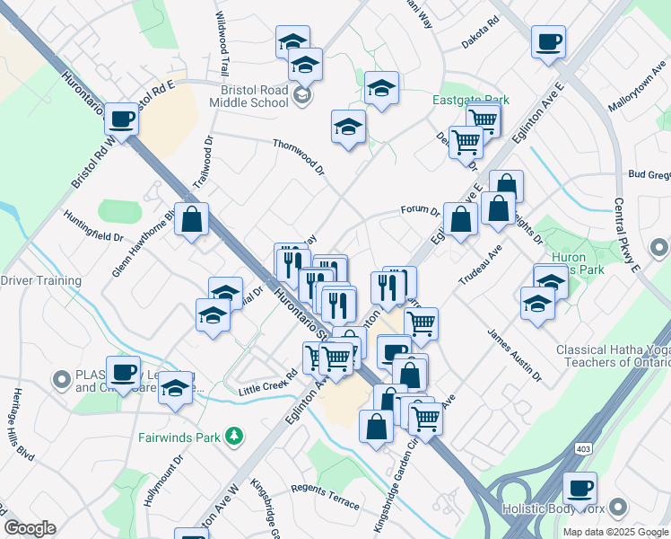 map of restaurants, bars, coffee shops, grocery stores, and more near in Mississauga