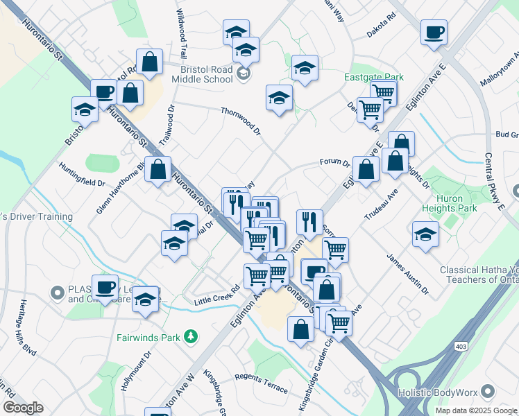 map of restaurants, bars, coffee shops, grocery stores, and more near in Mississauga