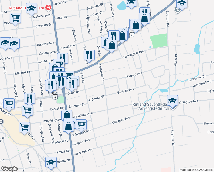 map of restaurants, bars, coffee shops, grocery stores, and more near 3 Charles St in Rutland