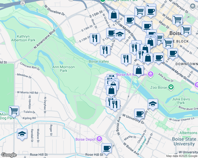 map of restaurants, bars, coffee shops, grocery stores, and more near 1033 West Royal Boulevard in Boise