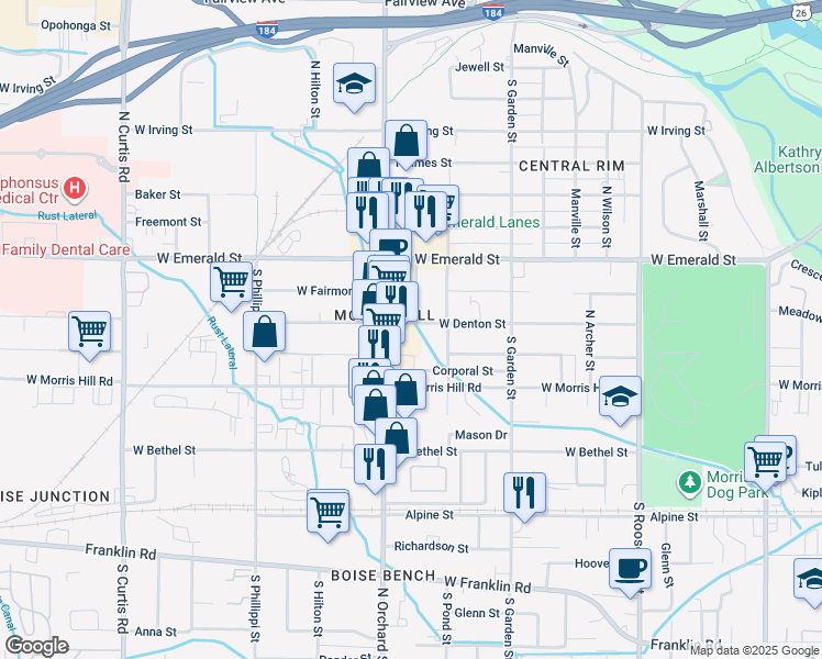 map of restaurants, bars, coffee shops, grocery stores, and more near 4903 West Denton Street in Boise