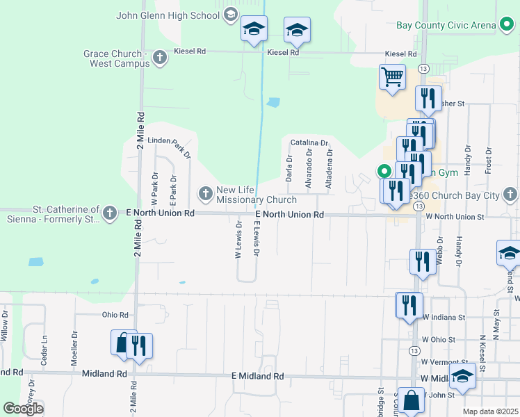 map of restaurants, bars, coffee shops, grocery stores, and more near 3209 East North Union Road in Bay City