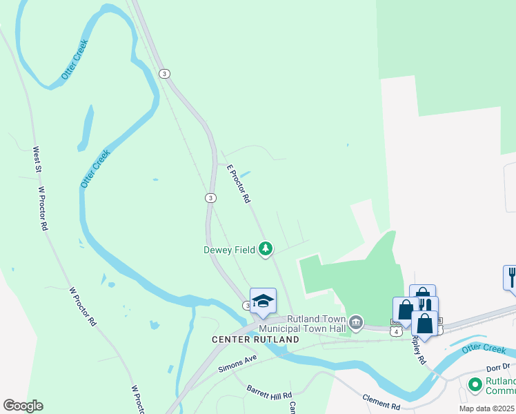 map of restaurants, bars, coffee shops, grocery stores, and more near 366 East Proctor Road in Rutland