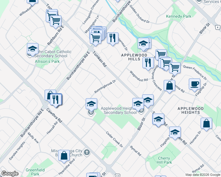 map of restaurants, bars, coffee shops, grocery stores, and more near 3532 Pinesmoke Crescent in Mississauga