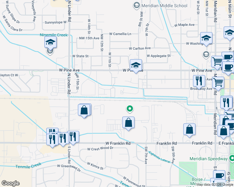 map of restaurants, bars, coffee shops, grocery stores, and more near 1045 West Pine Avenue in Meridian