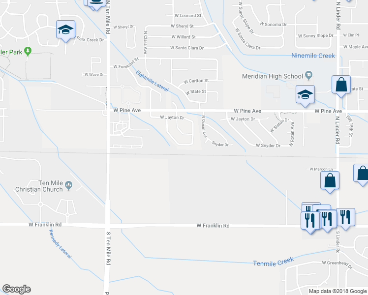 map of restaurants, bars, coffee shops, grocery stores, and more near 2679 West Snyder Street in Meridian