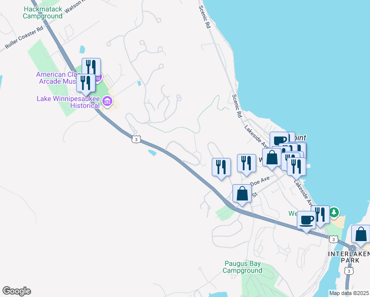 map of restaurants, bars, coffee shops, grocery stores, and more near 375 Endicott Street North in Laconia