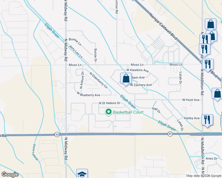 map of restaurants, bars, coffee shops, grocery stores, and more near 11676 West Huckleberry Drive in Nampa