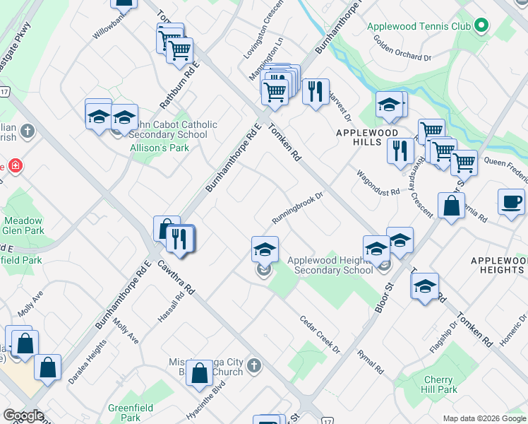 map of restaurants, bars, coffee shops, grocery stores, and more near 840 Hollowtree Crescent in Mississauga