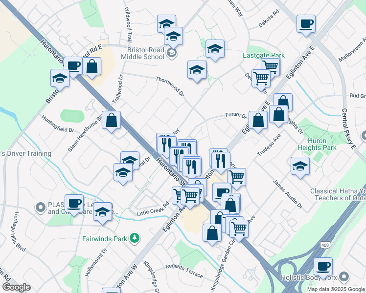 map of restaurants, bars, coffee shops, grocery stores, and more near 62 Preston Meadow Avenue in Mississauga