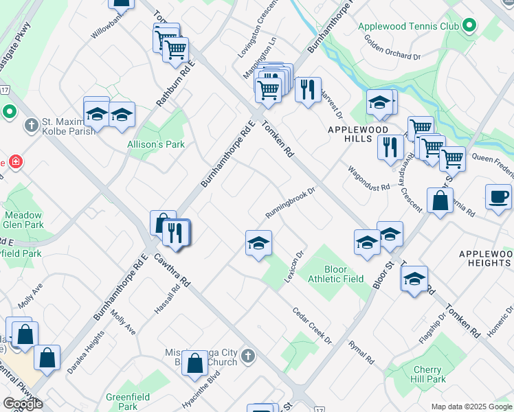 map of restaurants, bars, coffee shops, grocery stores, and more near 870 Hollowtree Crescent in Mississauga