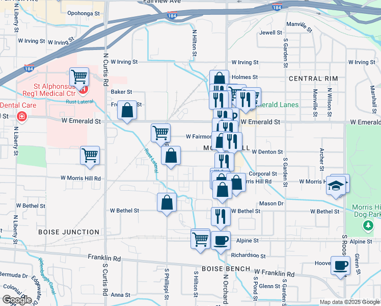 map of restaurants, bars, coffee shops, grocery stores, and more near 5225 West Denton Street in Boise