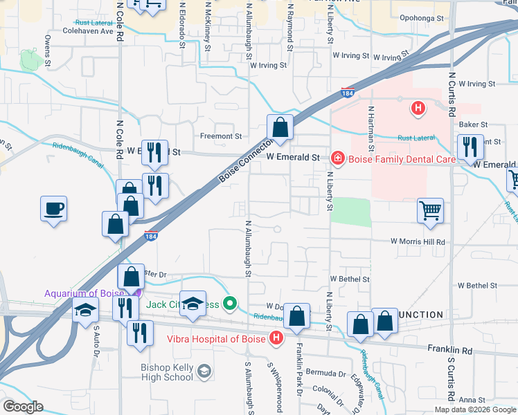 map of restaurants, bars, coffee shops, grocery stores, and more near 6680 West Clinton Lane in Boise