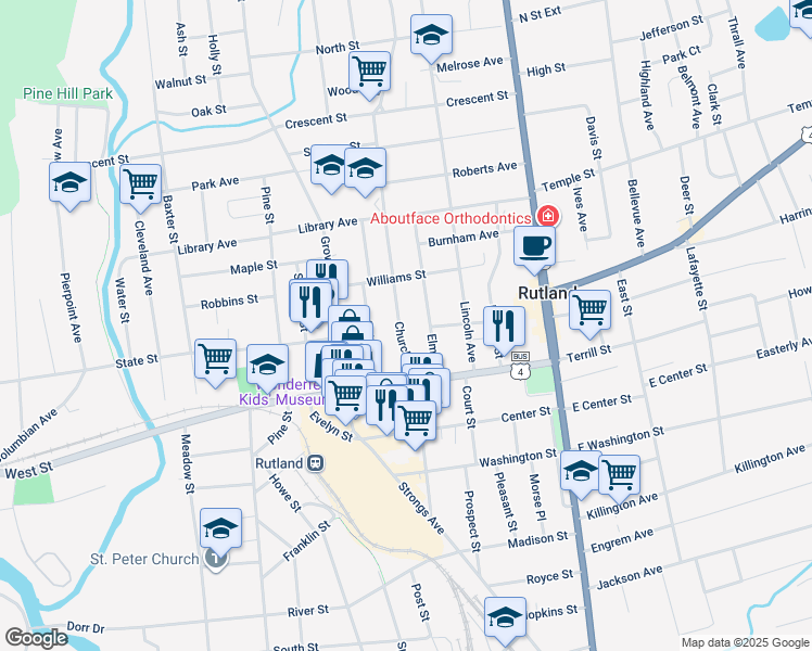 map of restaurants, bars, coffee shops, grocery stores, and more near 18 Church Street in Rutland
