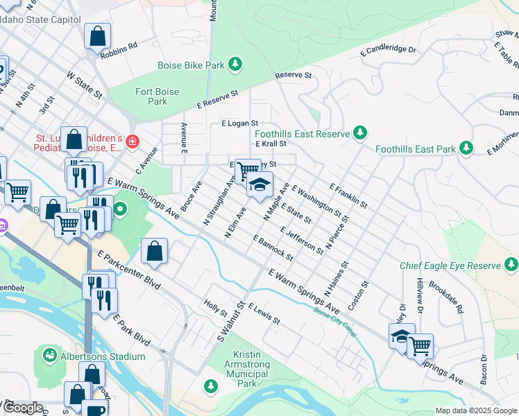 map of restaurants, bars, coffee shops, grocery stores, and more near 908 East Jefferson Street in Boise