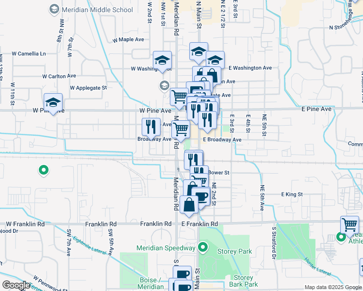 map of restaurants, bars, coffee shops, grocery stores, and more near 33 East Broadway Avenue in Meridian