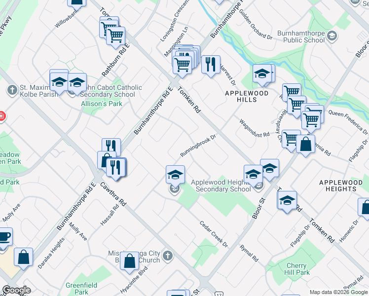 map of restaurants, bars, coffee shops, grocery stores, and more near in Mississauga