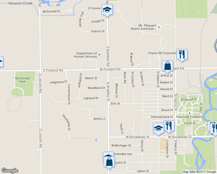 map of restaurants, bars, coffee shops, grocery stores, and more near 812 North Bradley Road in Mount Pleasant