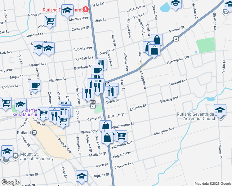 map of restaurants, bars, coffee shops, grocery stores, and more near 6 Sheldon Place in Rutland