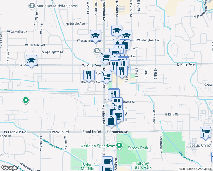 map of restaurants, bars, coffee shops, grocery stores, and more near 33 East Broadway Avenue in Meridian