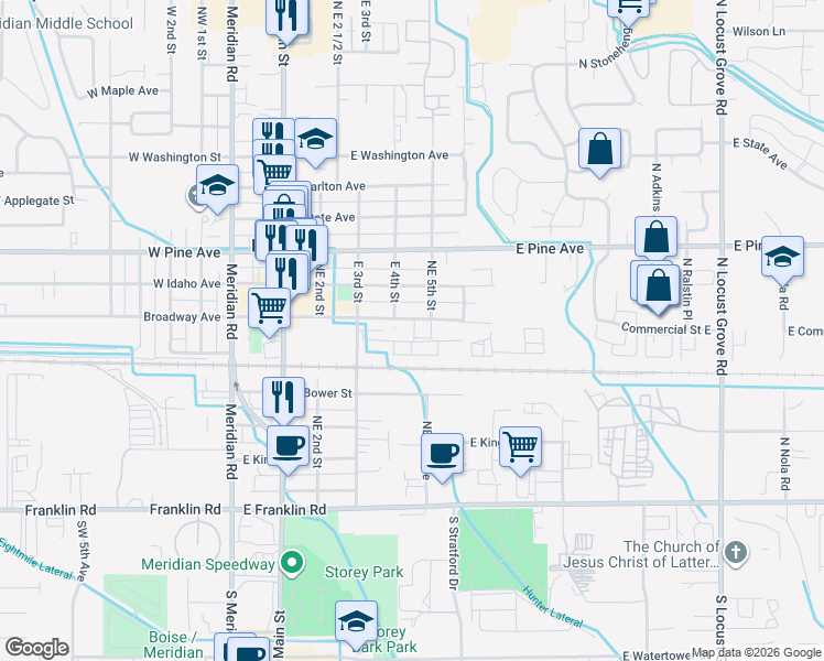 map of restaurants, bars, coffee shops, grocery stores, and more near 401-499 East Broadway Avenue in Meridian