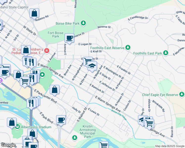 map of restaurants, bars, coffee shops, grocery stores, and more near 908 East Jefferson Street in Boise