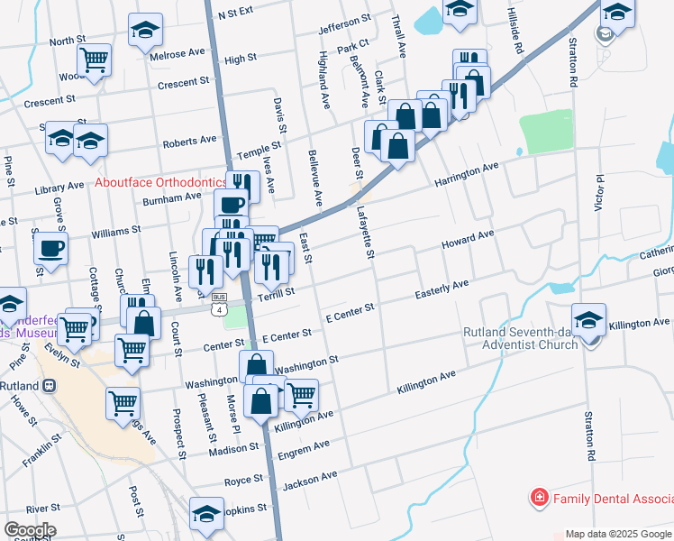 map of restaurants, bars, coffee shops, grocery stores, and more near 54 Terrill Street in Rutland