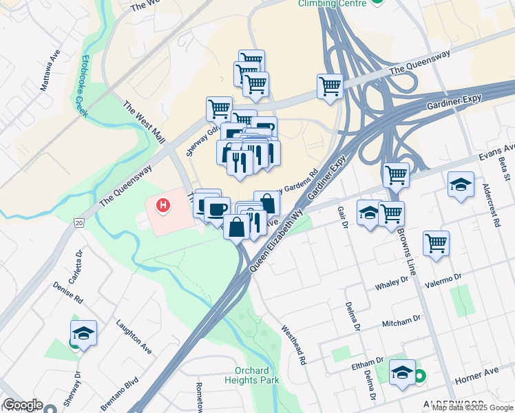 map of restaurants, bars, coffee shops, grocery stores, and more near 205 Sherway Gardens Road in Toronto