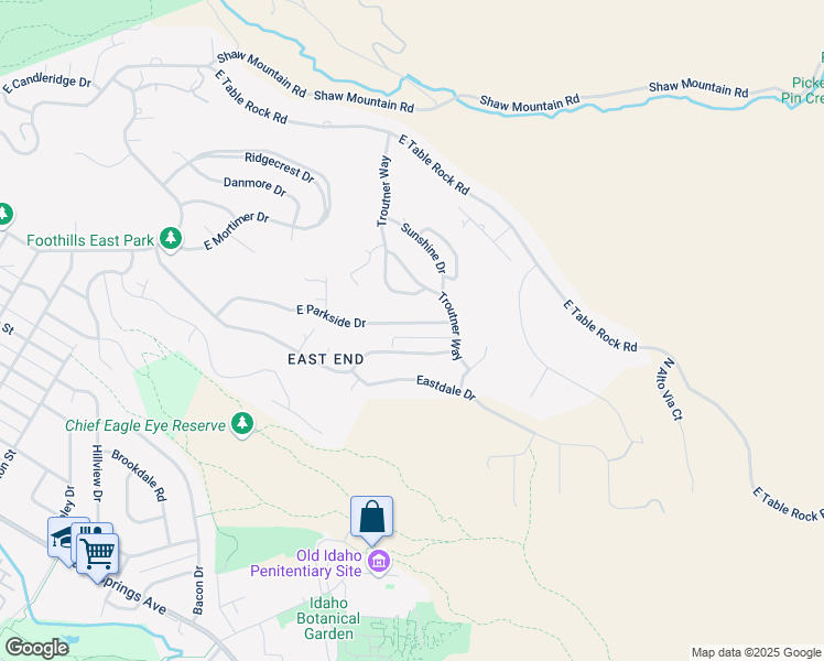 map of restaurants, bars, coffee shops, grocery stores, and more near 2498 East Roanoke Drive in Boise