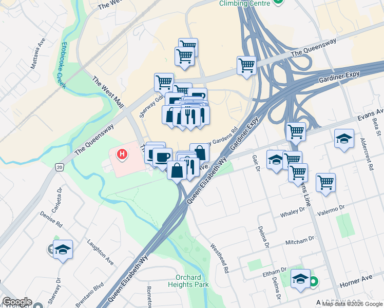 map of restaurants, bars, coffee shops, grocery stores, and more near 205 Sherway Gardens Road in Toronto