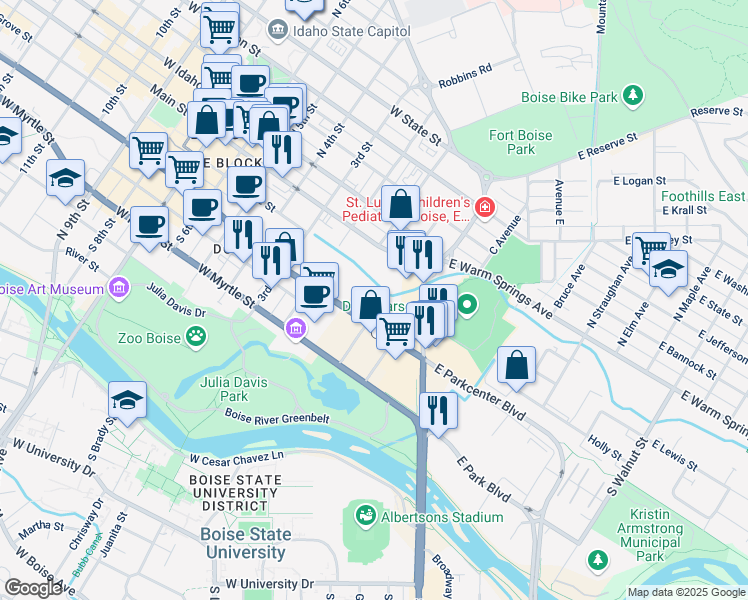 map of restaurants, bars, coffee shops, grocery stores, and more near in Boise